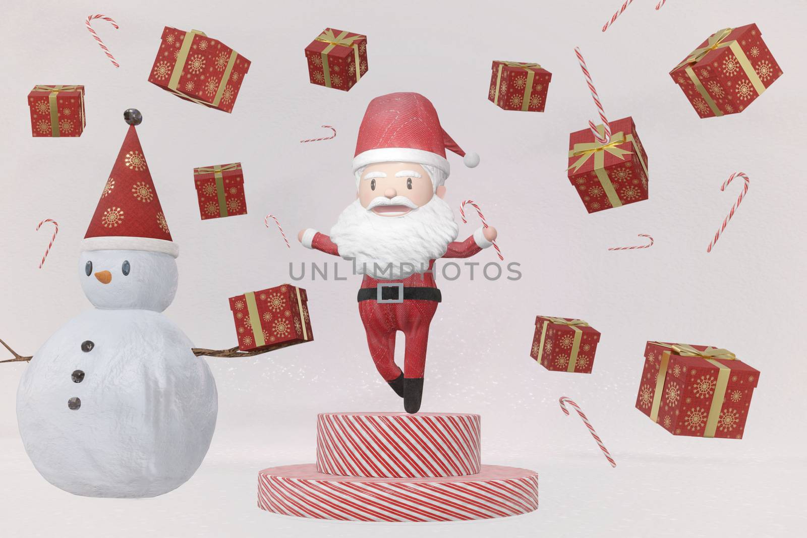 3D Rendering  , The dance of a cheerful Santa Claus and Snowman on ICE background . The Concept of Christmas.