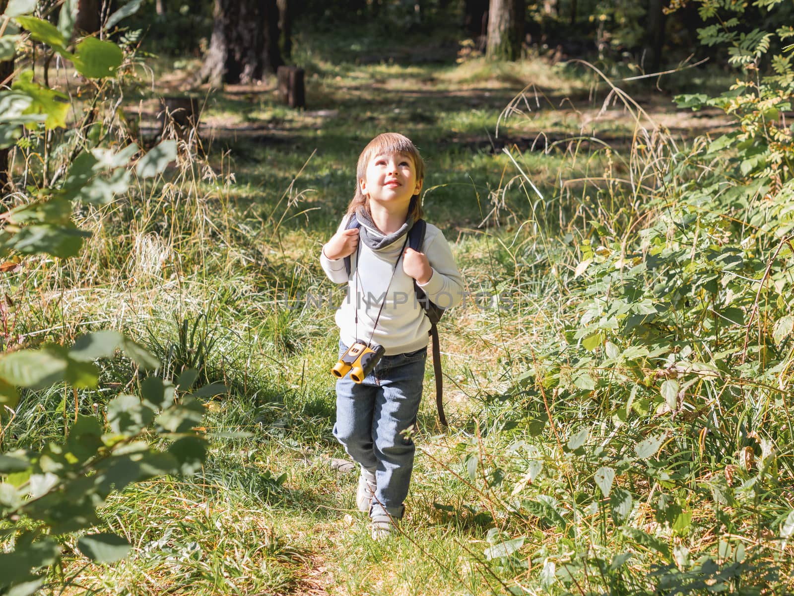 Curious boy is hiking in forest lit by sunlight. Outdoor leisure activity for kids. Child with binoculars and backpack. Summer journey fot little tourist. Adventure time.