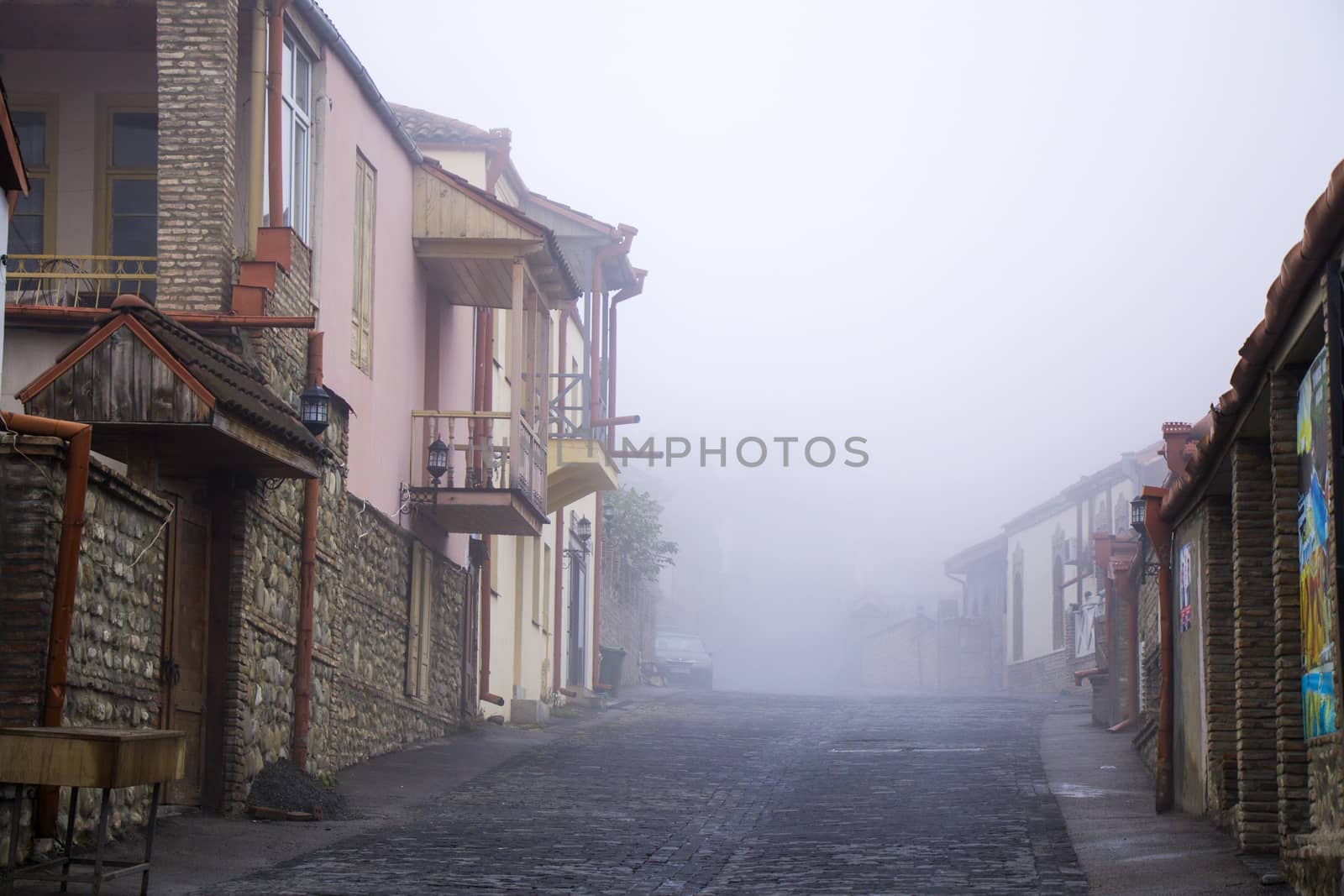 Sighnaghi village landscape and city view in Kakheti, Georgia. Old houses beautiful view during mist and fog