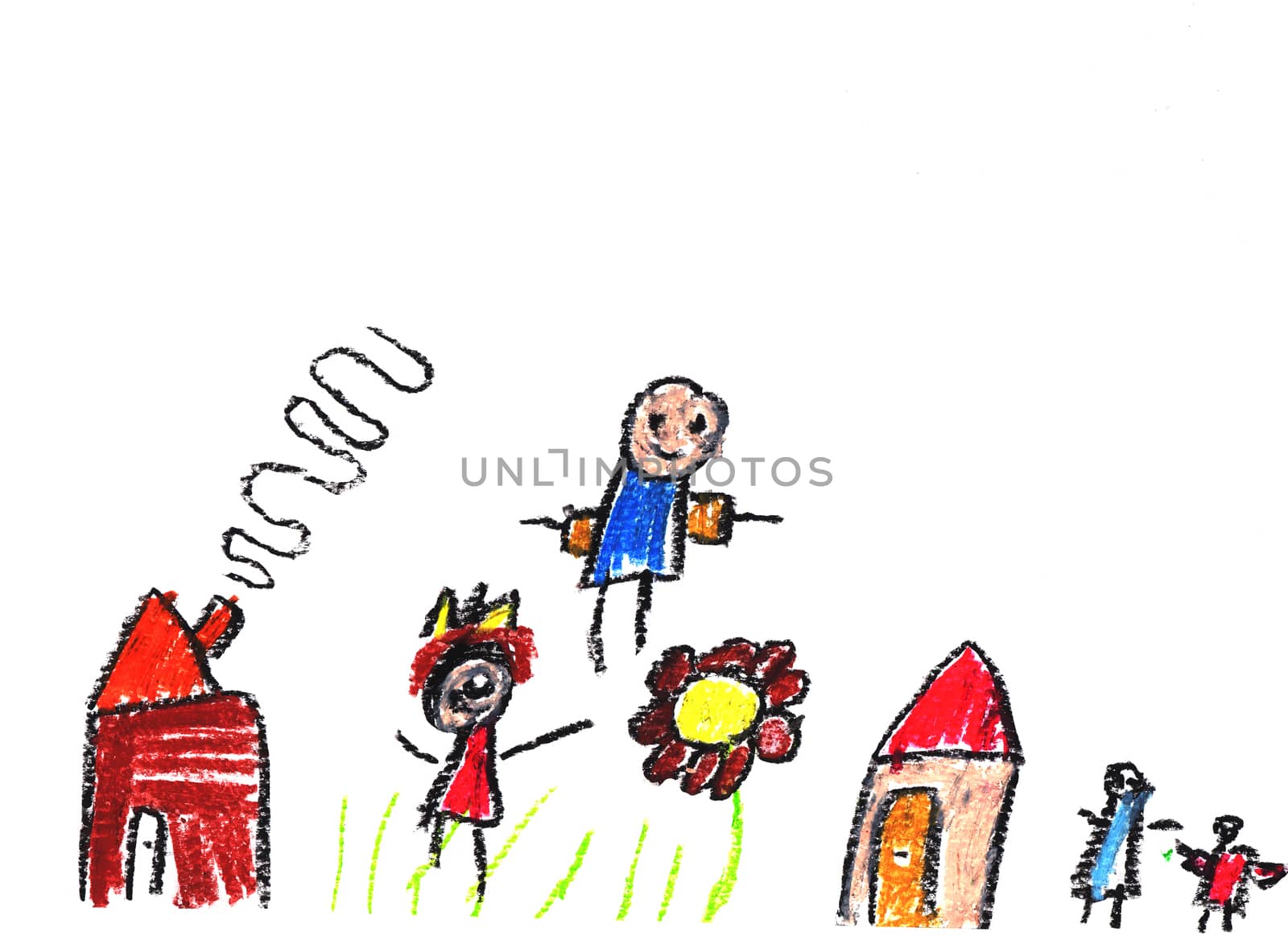 Wax crayon child's hand drawn houses, grass, colourful flowers and happy family  by galinasharapova