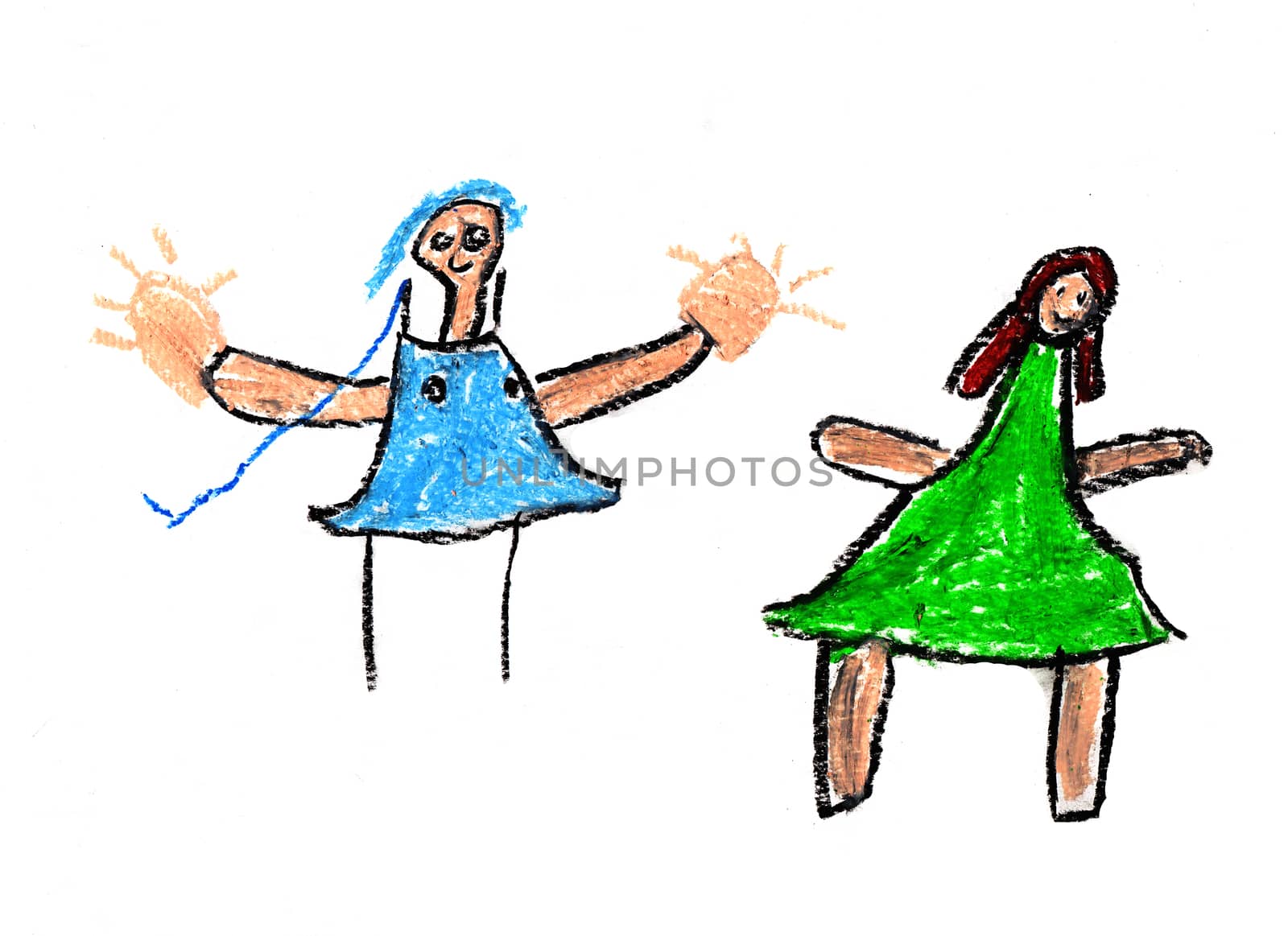 Wax crayon child's hand drawn women in colorfull dresses.Woman's day by galinasharapova