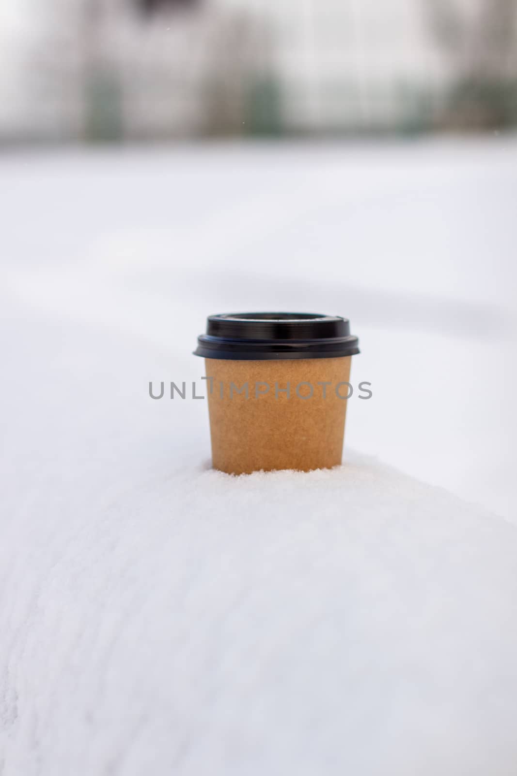 Cardboard coffee Cup in the snow in winter. Hot drink tea or coffee in a glass in winter outside.