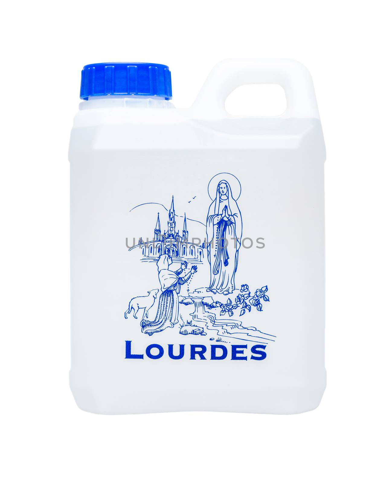 Lourdes plastic water bottle isolated on white background