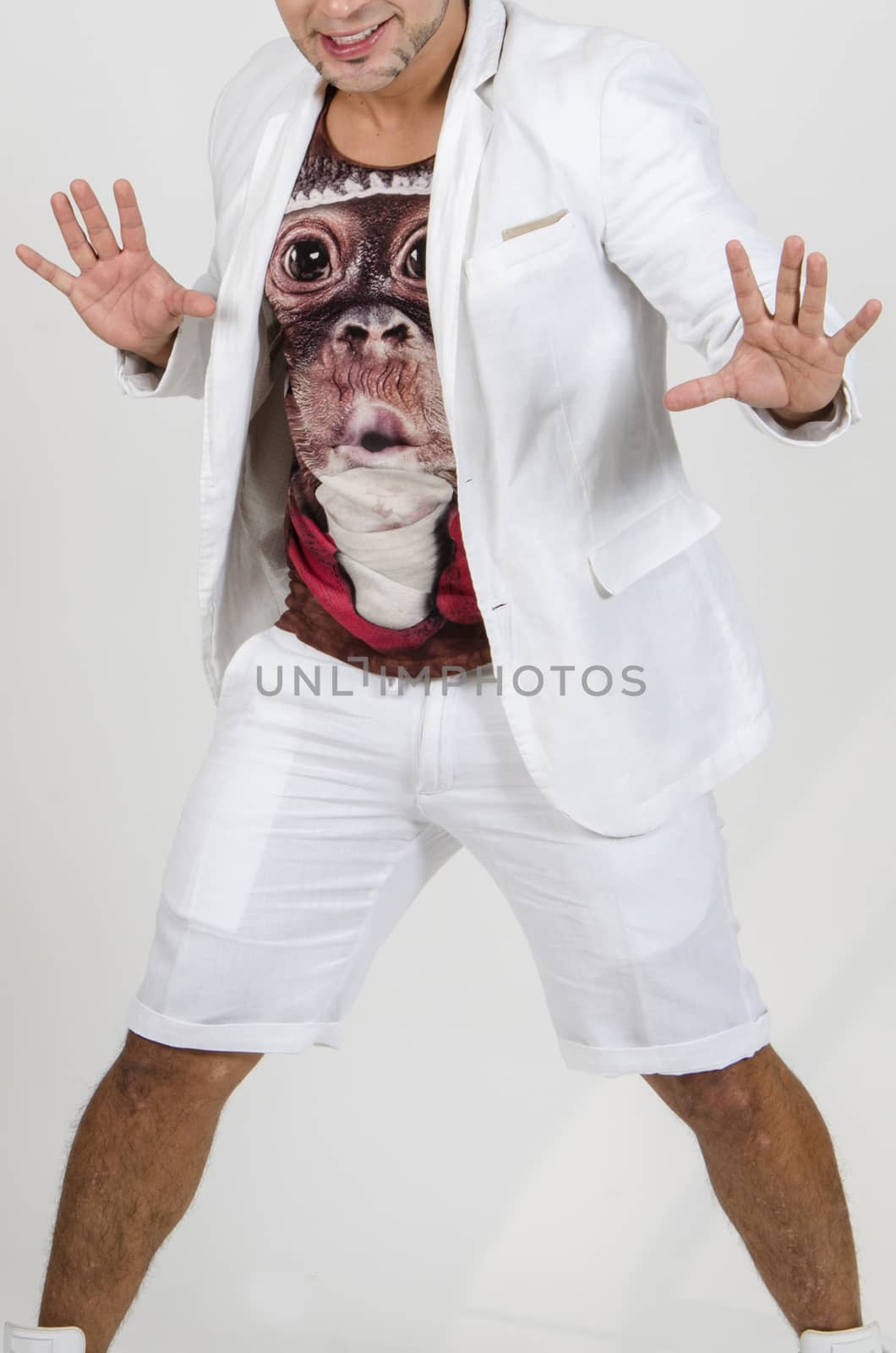 Portrait of astonished male model with barba , bristle opening his mouth with surprisment hearing terrified news. Excited man in formal clothes isolated over white background