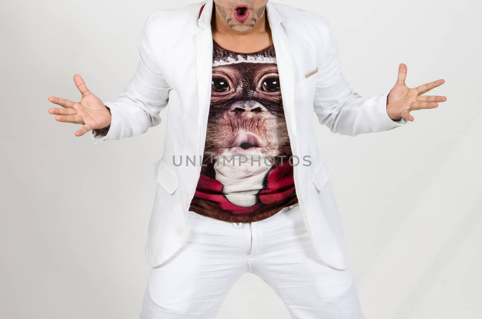 Portrait of astonished male model with barba , bristle opening his mouth with surprisment hearing terrified news. Excited man in formal clothes isolated over white background