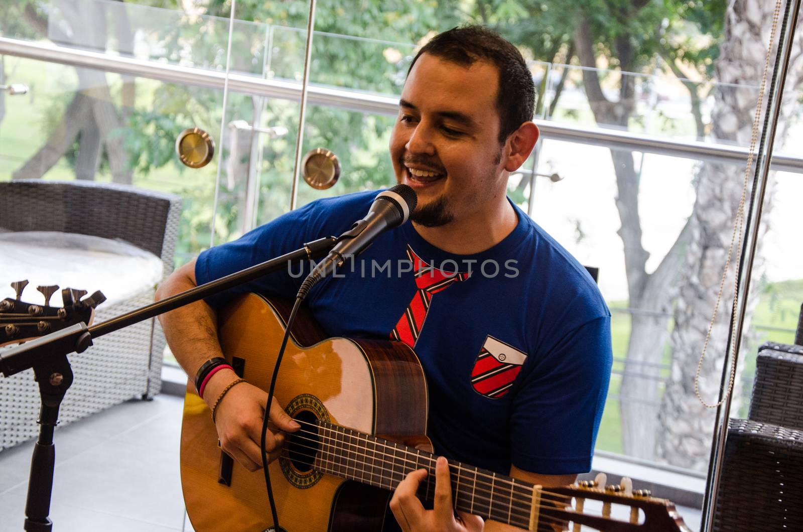 Handsome young musician playing the guitar and singing