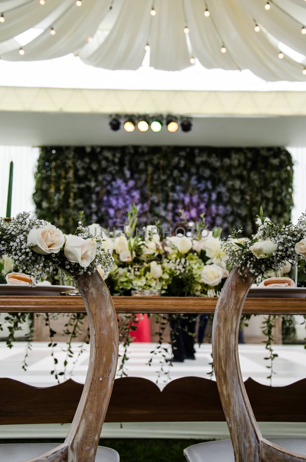 Bride and groom table at the wedding reception