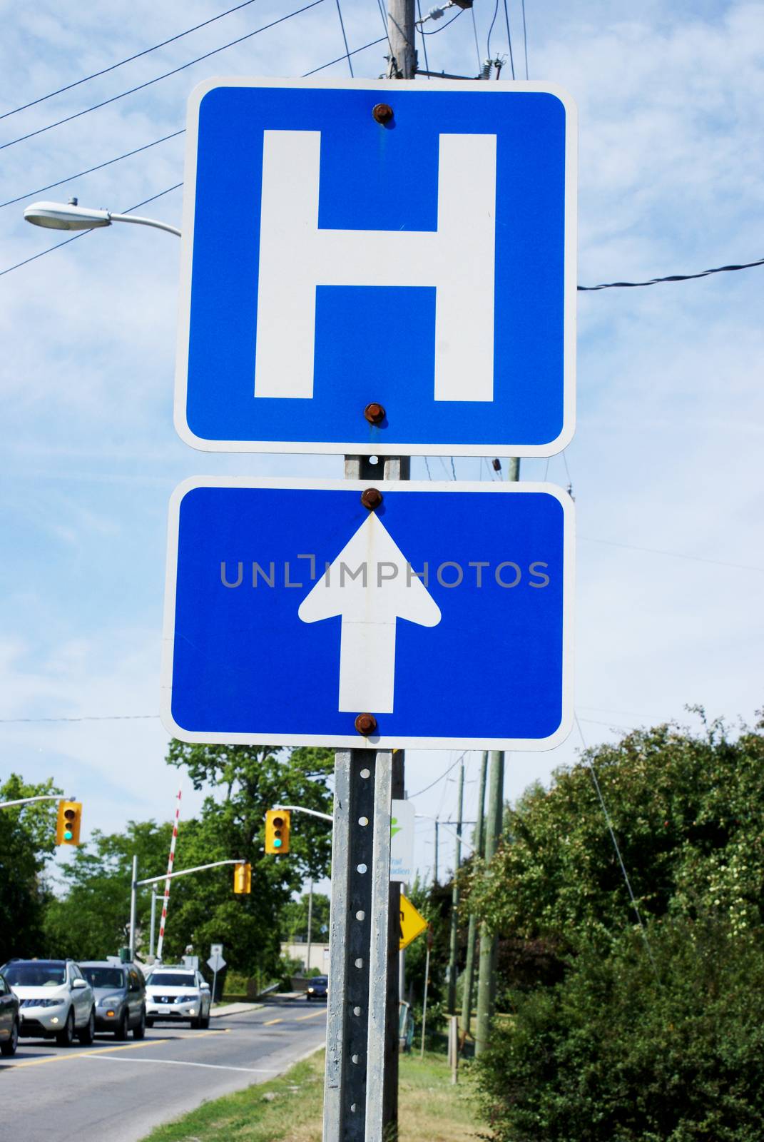 A Canadian hospital direction street sign used in traffic law and order.