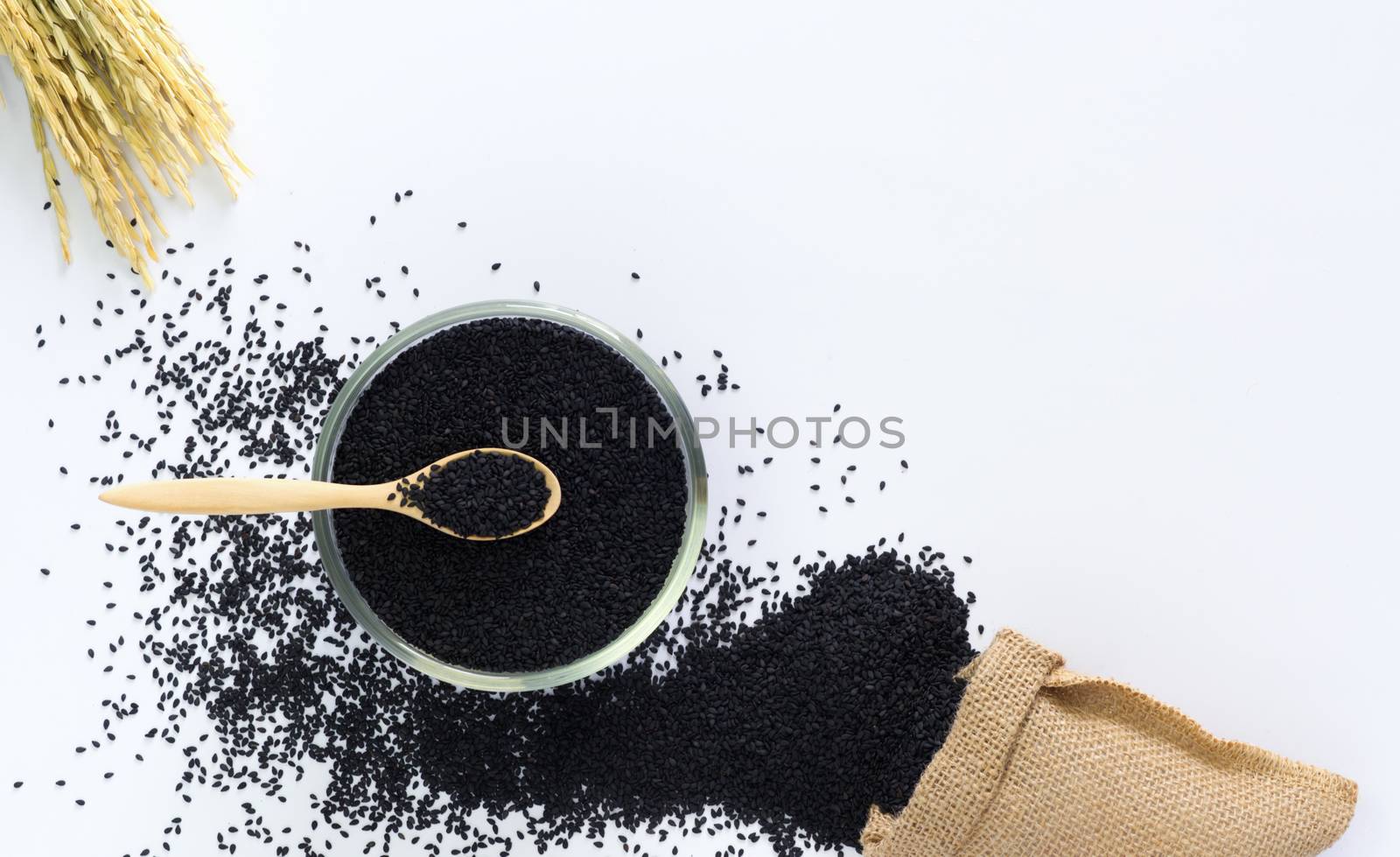 Black sesame in a cup on a white background with wooden spoon, sacks and ears of rice are elements.