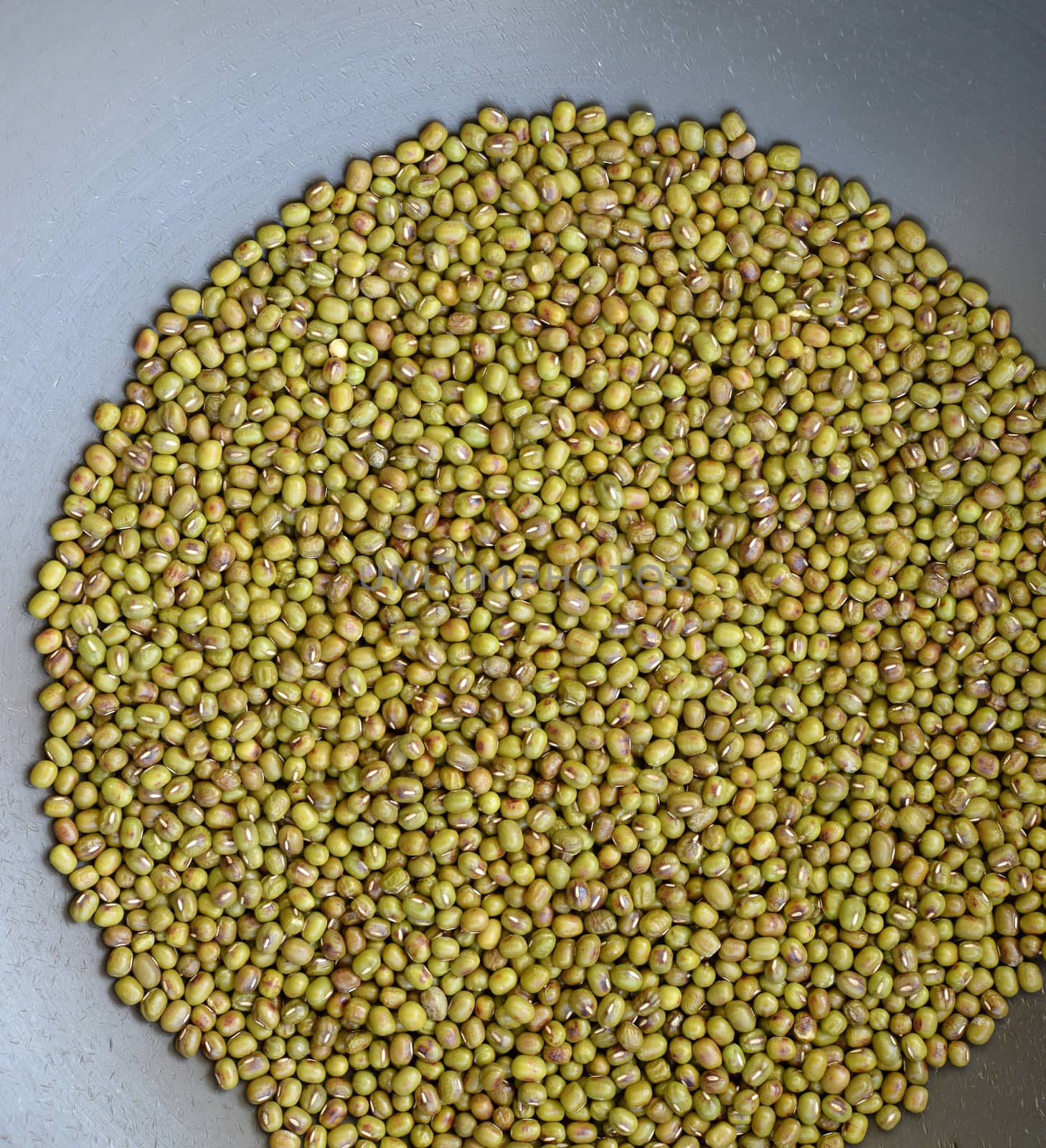 A close-up of many mung beans on a silver metal background. by hellogiant