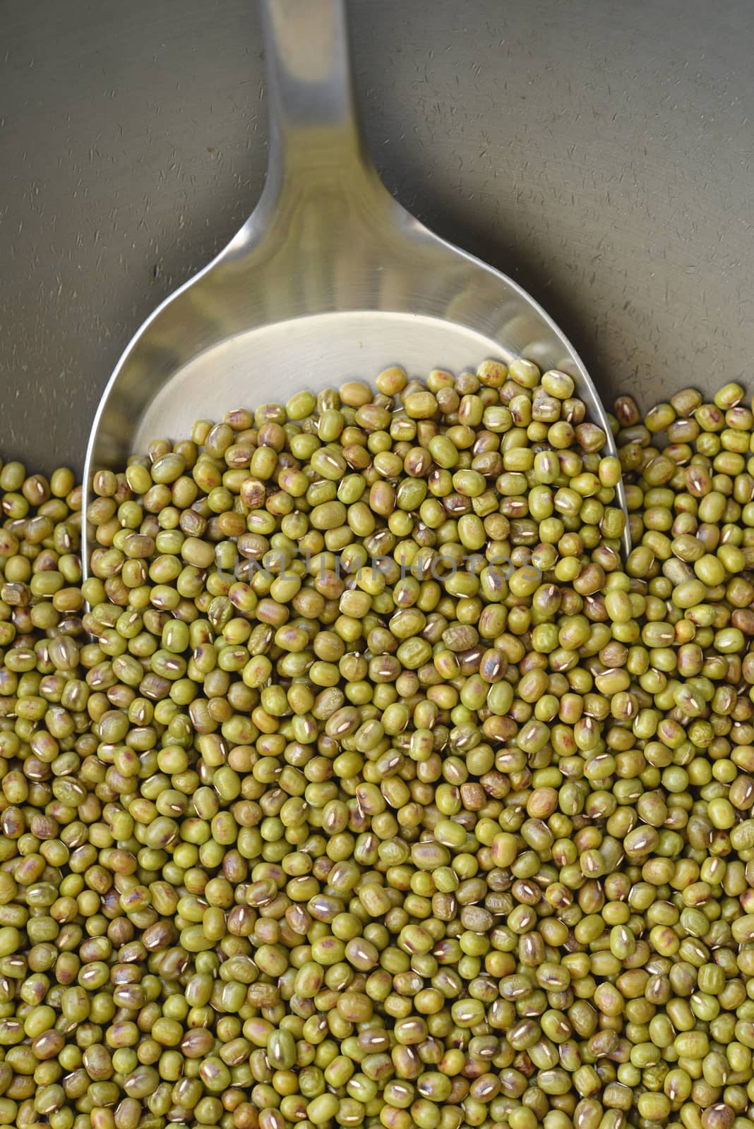 Lots of Mung bean on a spatula and an iron pan by hellogiant