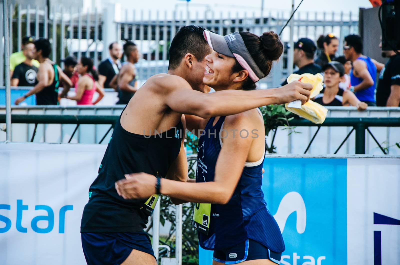 Lima, Peru - May 20th 2018: Marathon Lima 42k, sporting event that gathers athletes from all over the world. Athletes greeting each other