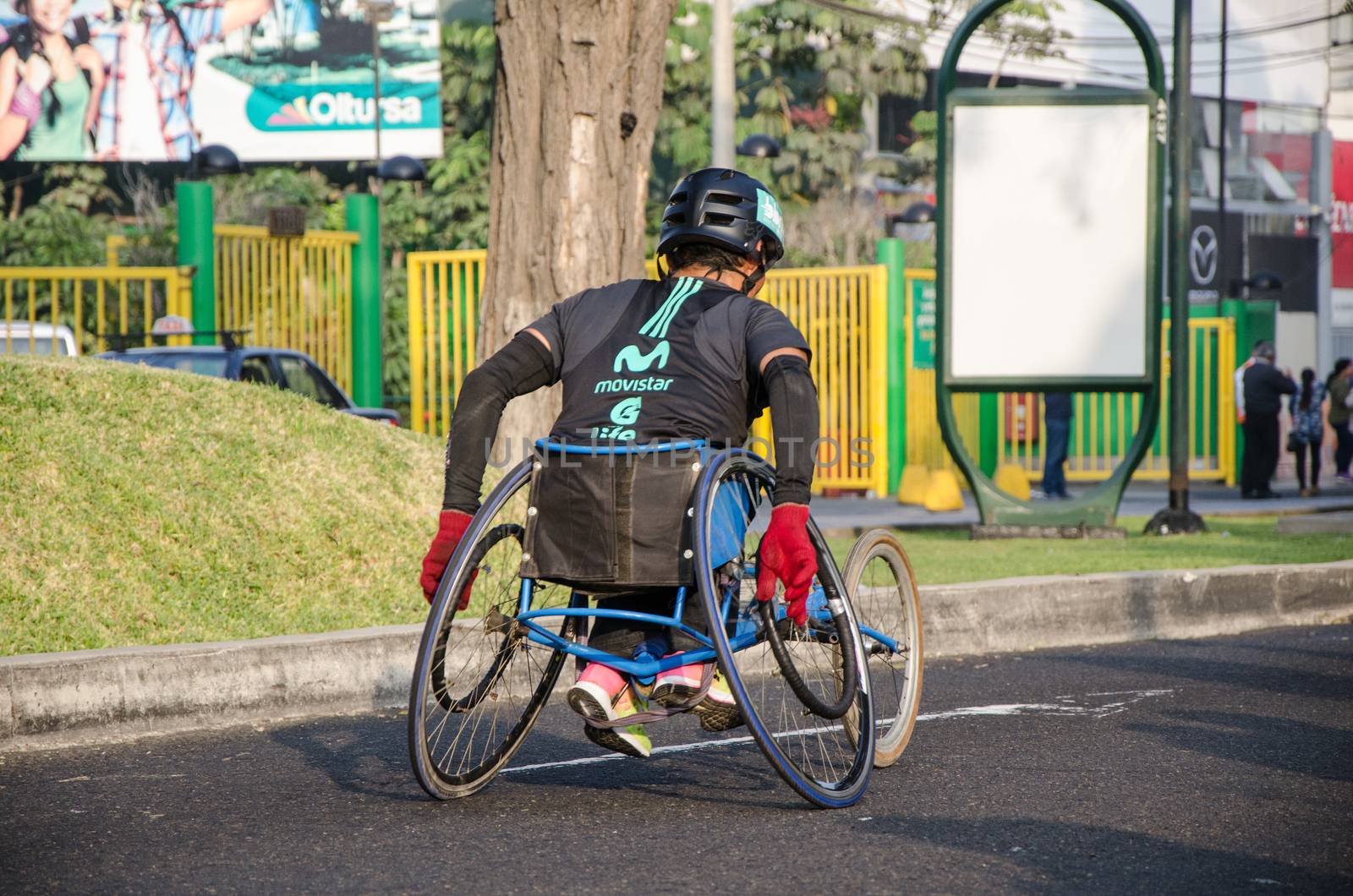 Lima, Peru - May 20th 2018: Marathon Lima 42k, sporting event that gathers athletes from all over the world. Athlete in a wheelchair.