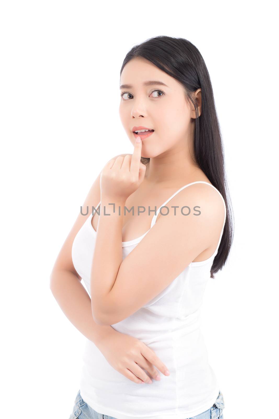 Portrait of beautiful woman asian makeup of cosmetic, girl hand touch lips and mouth and smile attractive, face of beauty perfect with wellness isolated on white background with skin healthcare concept.