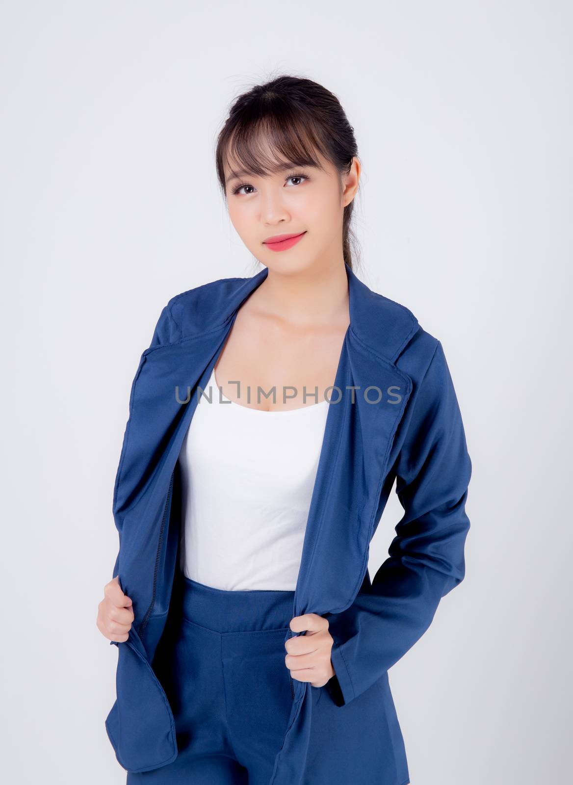 beautiful portrait young business asian woman standing with confident isolated on white background, asia businesswoman career secretary or accountant work success with smiling and happy.