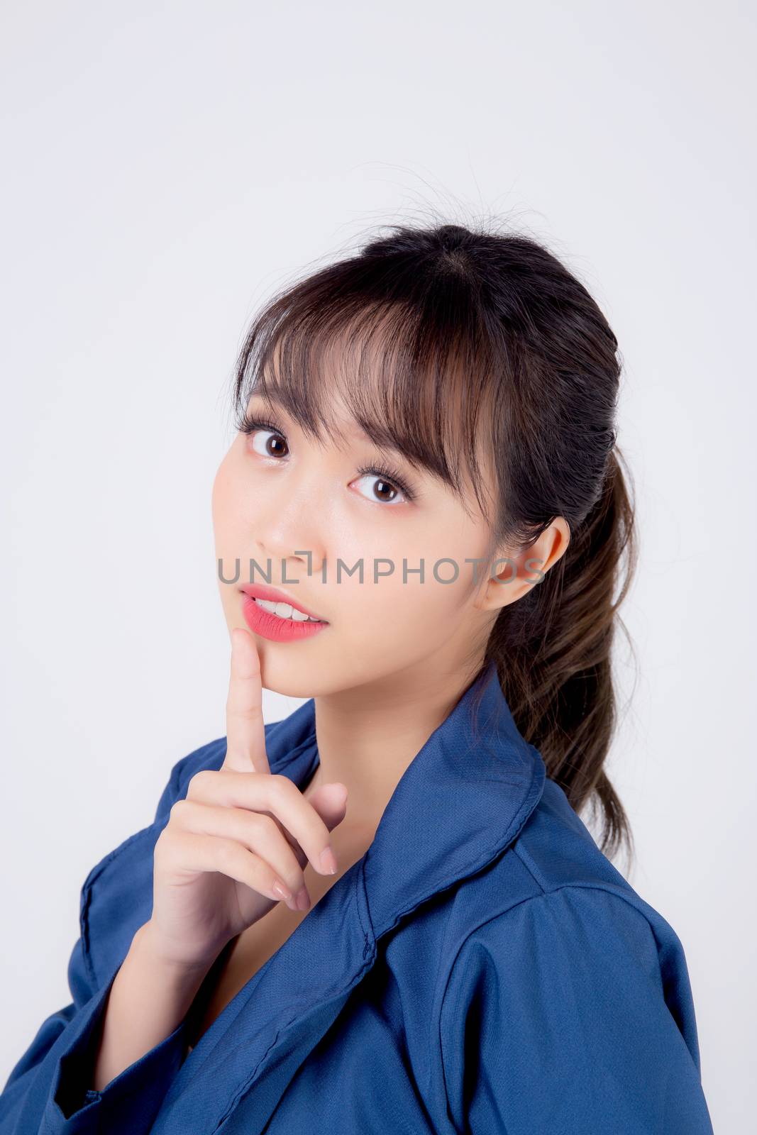 Beautiful portrait young asian business woman expression thinking isolated on white background, asia girl confident having idea and imagination with question in corporate, businesswoman concept.