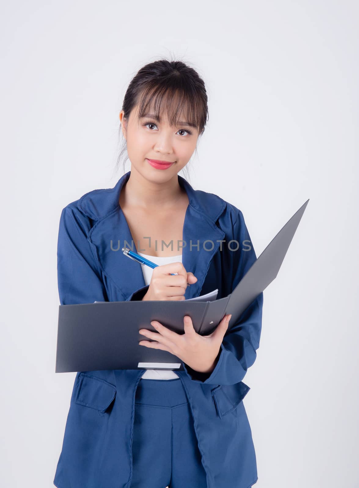 beautiful portrait young business asian woman cheerful standing holding folder isolated on white background, asia businesswoman confident secretary work writing on document file with success.