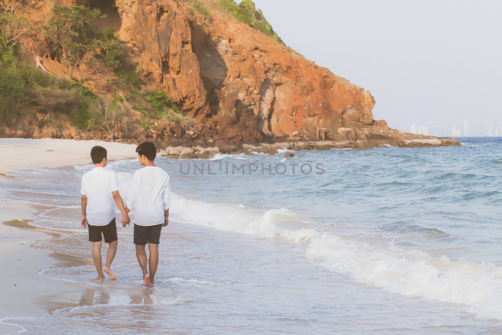 Back view homosexual portrait young asian couple walking with cheerful together on beach in summer, asia gay going tourism for leisure and relax with happiness in vacation at sea, LGBT legal concept.