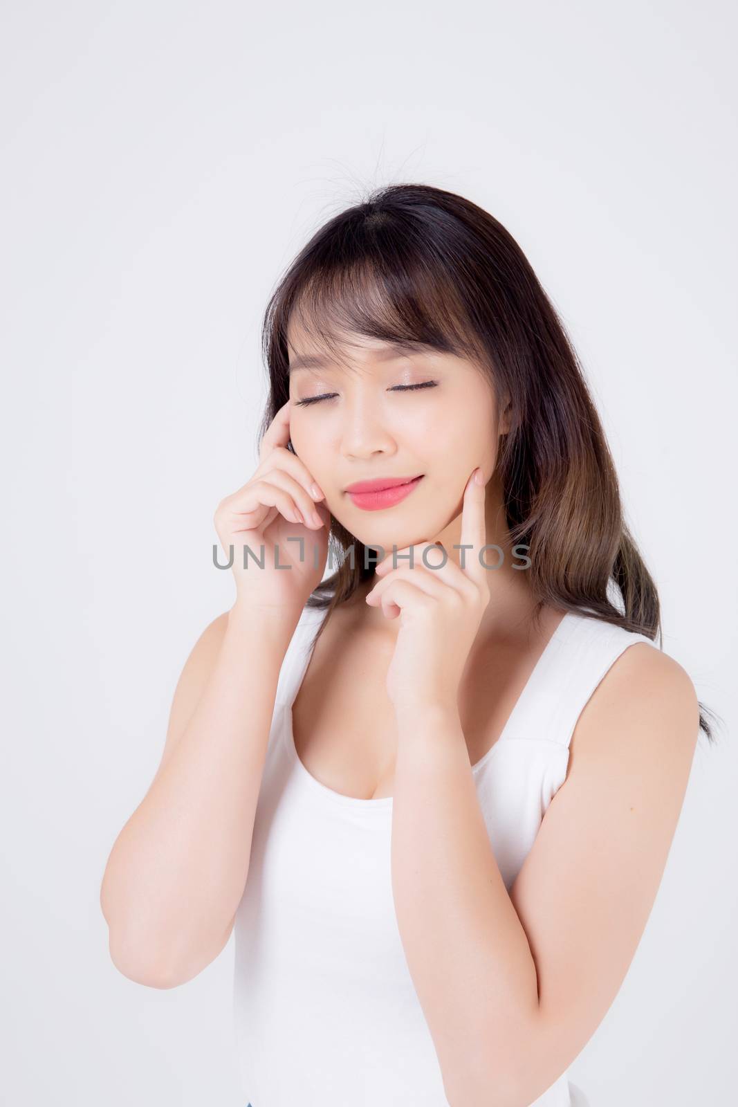 Beautiful woman asian makeup of cosmetic, beauty asia girl hand touch cheek and smile attractive, face of beauty perfect with wellness isolated on white background with skin healthcare concept.