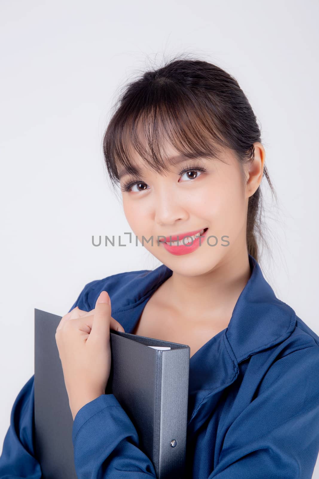 beautiful portrait young business asian woman cheerful standing holding folder isolated on white background, asia businesswoman confident secretary work holding document file with success.