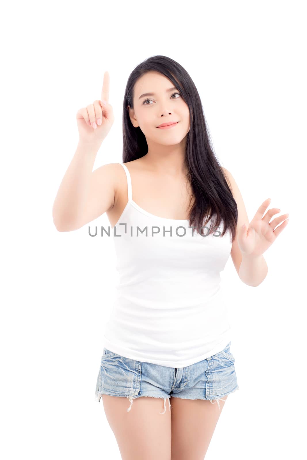 Portrait of beautiful young asian woman happiness standing finger pointing something isolated on white background, girl is a smile.