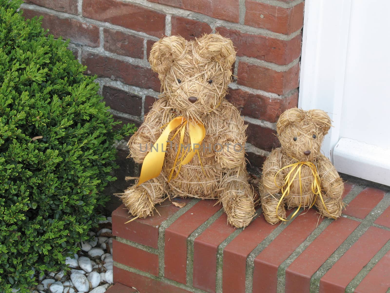 Two teddy bears are sitting on a doorstep.