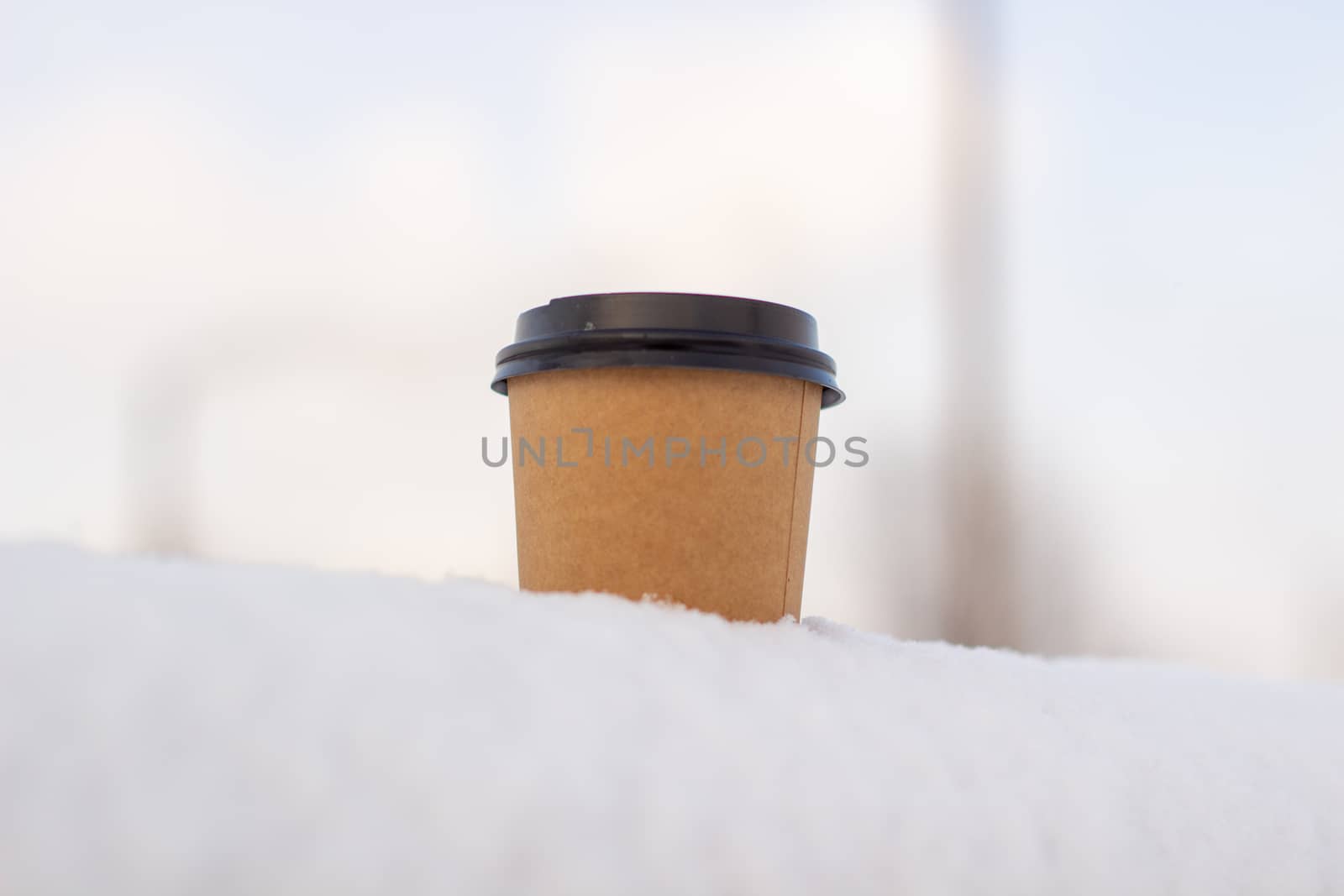 Cardboard coffee Cup in the snow in winter. Hot drink tea or coffee in a glass in winter outside.