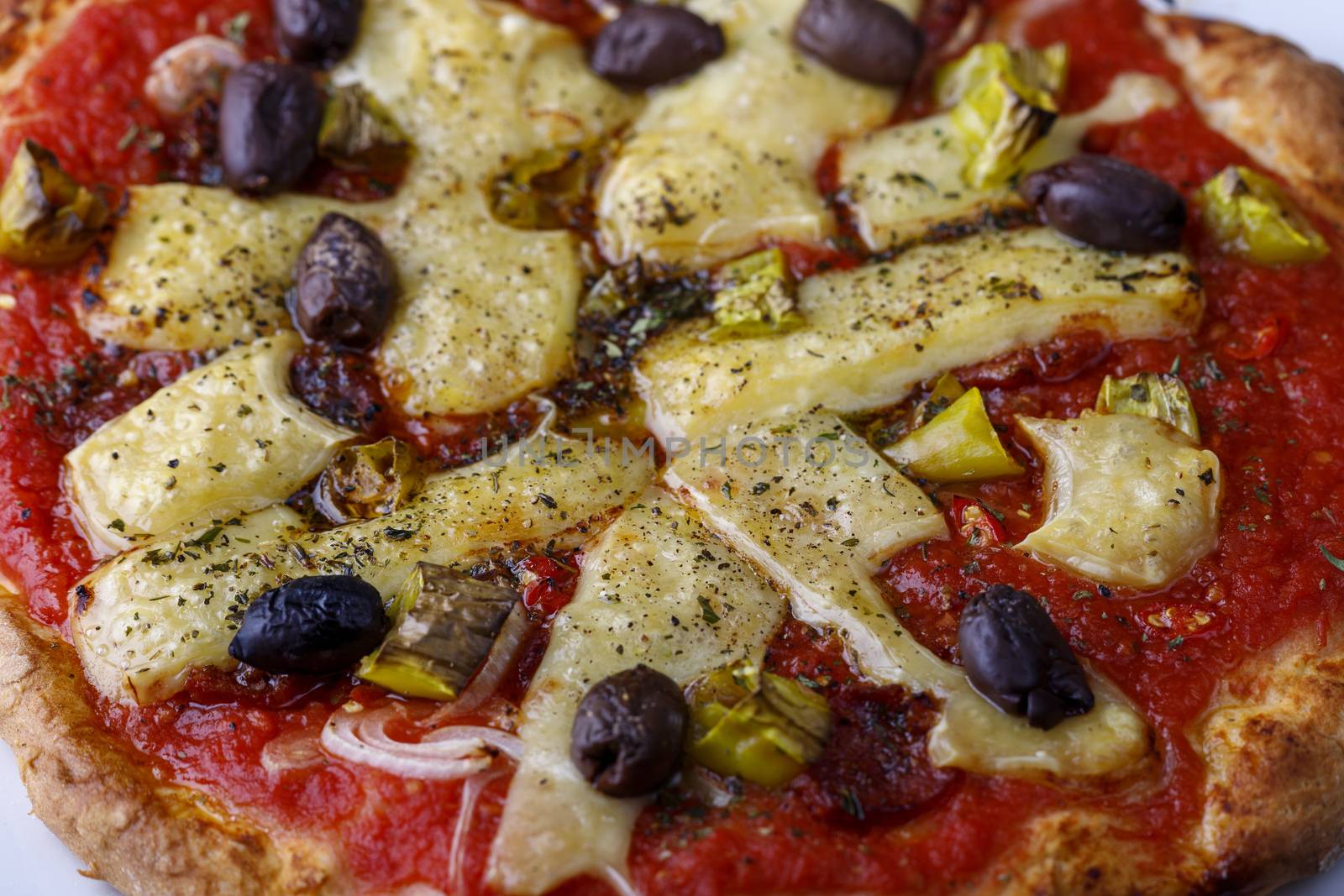 closeup of a pizza with olives
