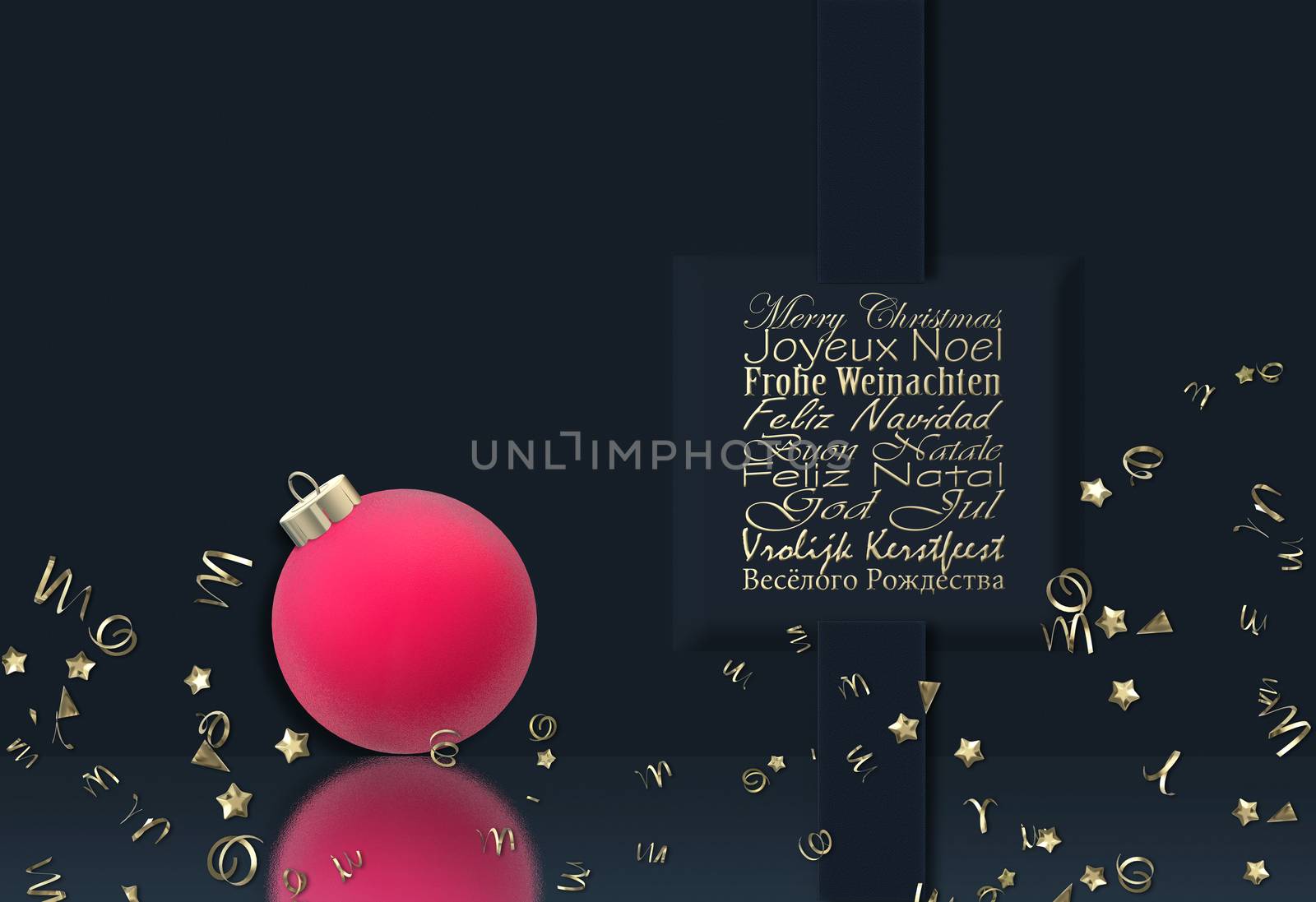 Christmas luxury wishes in European languages French, German, Portuguese, Italian, Spanish, Swedish, Dutch and Russian with pink 3D Xmas realistic ball, gold confetti over dark blue. 3D render