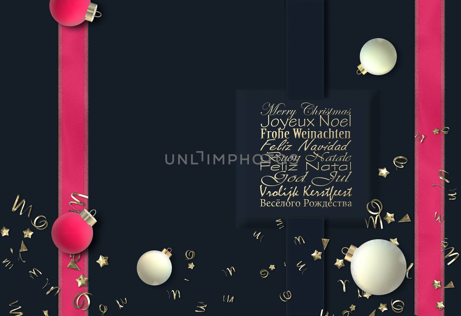 Trendy Christmas wishes in European languages. 3D render. Pink ribbons, Xmas 3D realistic balls baubles, gold confetti over blue background. Abstract festive holiday design
