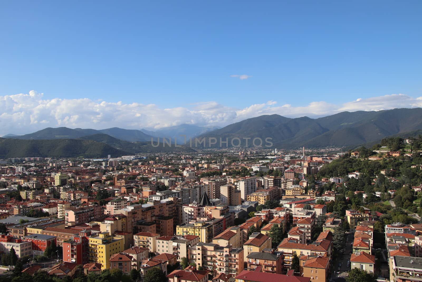 Aerial panoramic view of old historical city centre of Brescia in Italy