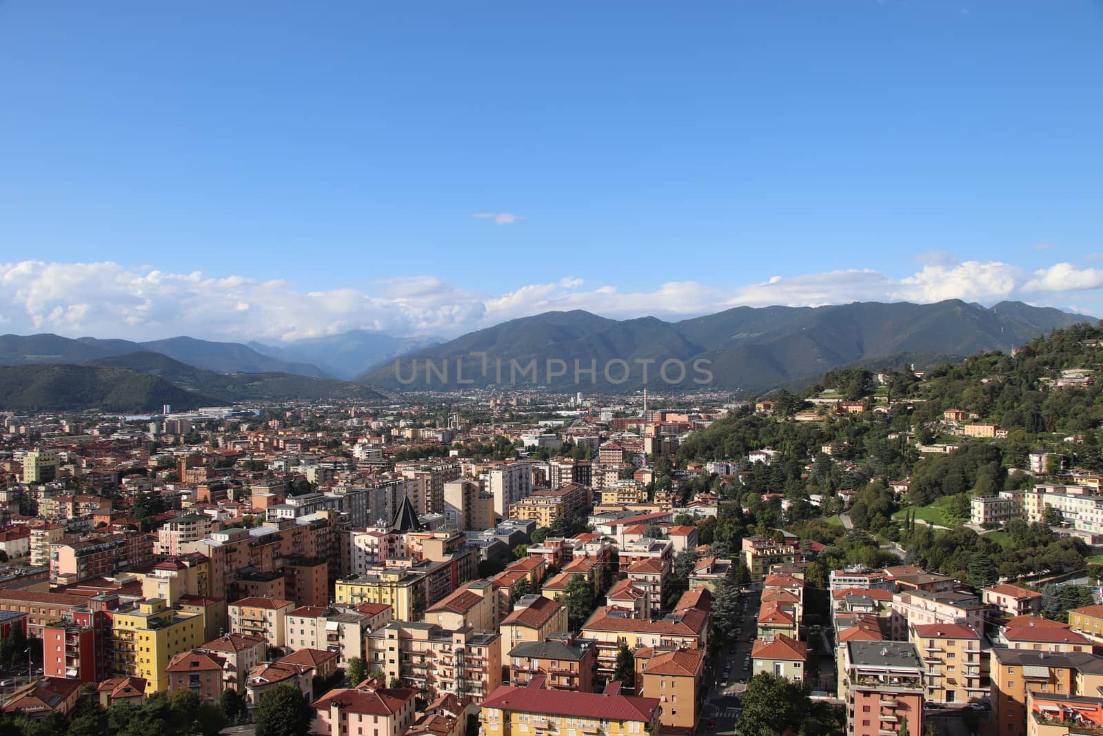 Aerial panoramic view of old historical city centre of Brescia in Italy