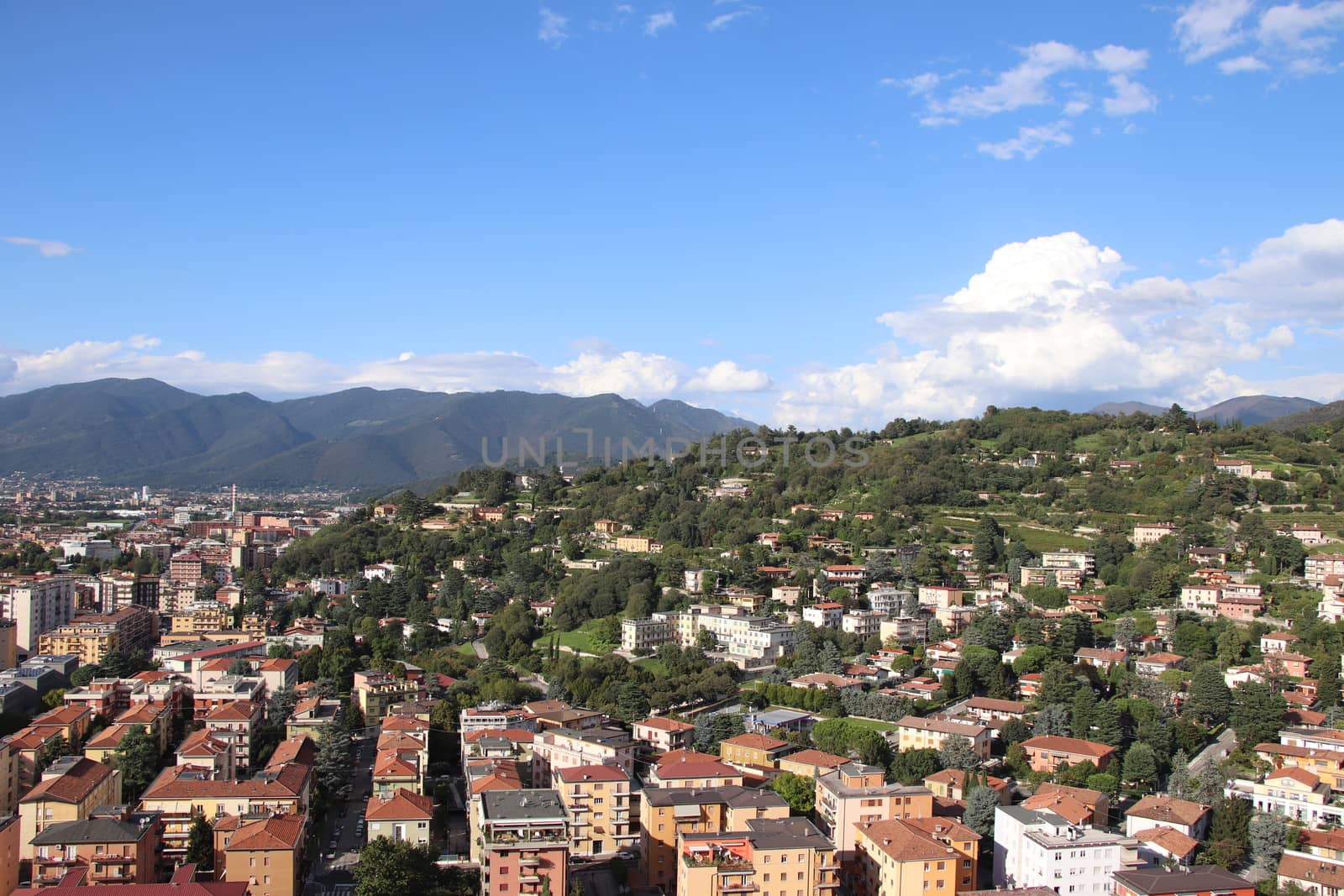 Aerial panoramic view of old historical city centre of Brescia in Italy