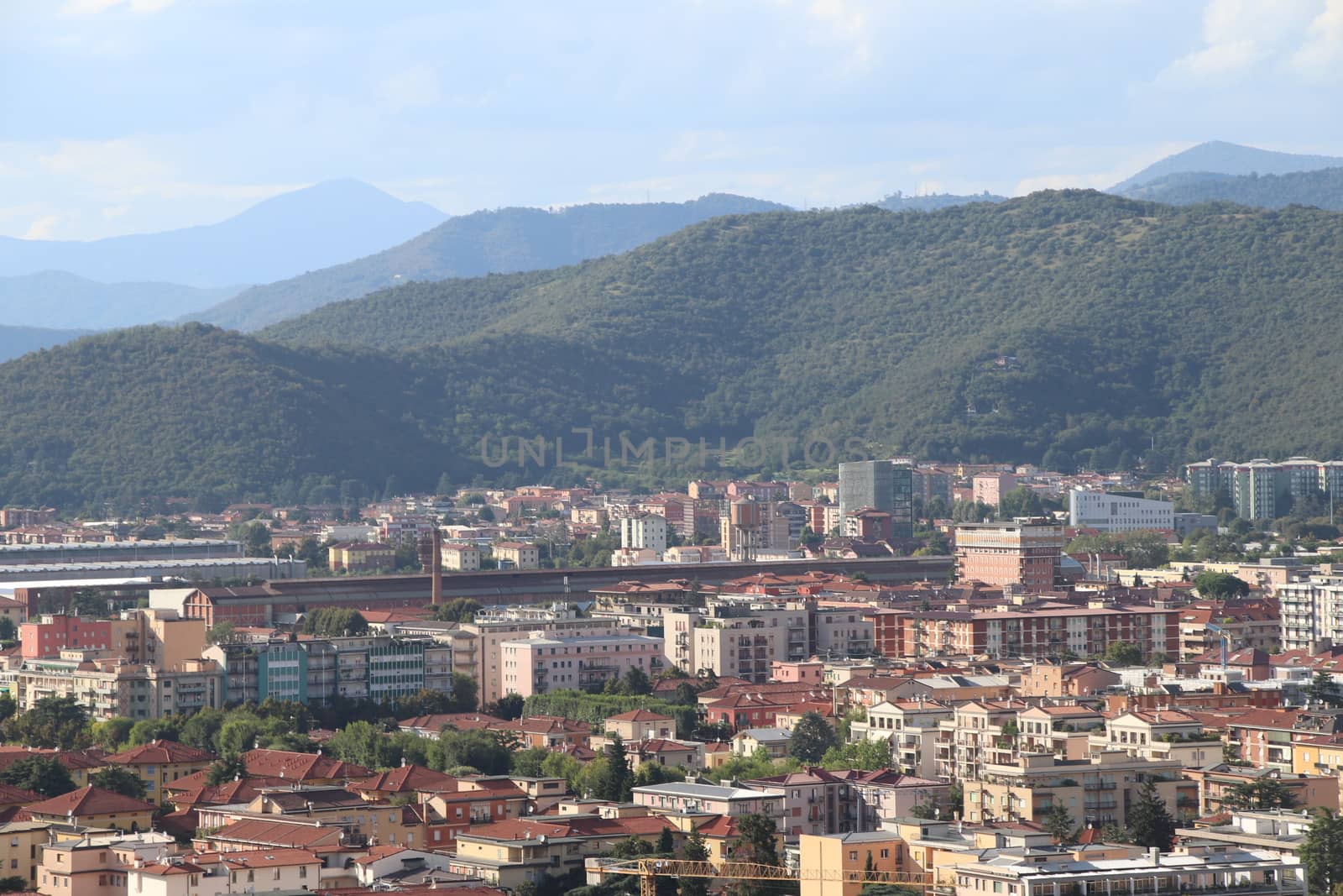 Aerial panoramic view of old historical city centre of Brescia in Italy