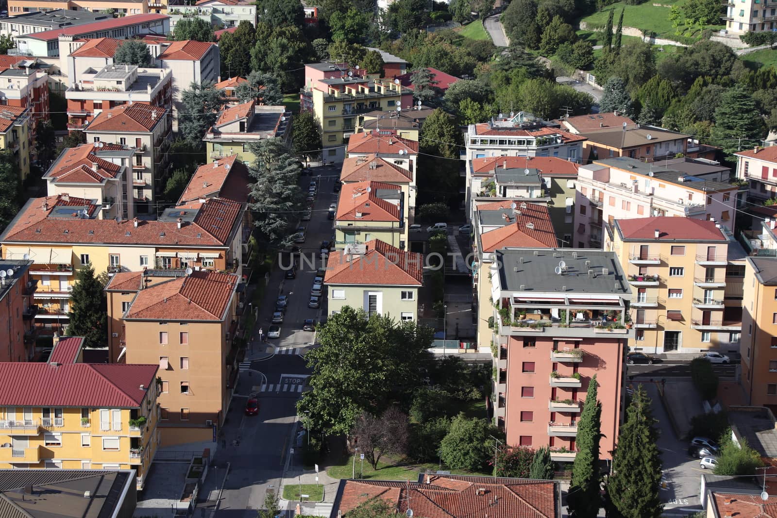 Aerial panoramic view of old historical city centre of Brescia in Italy