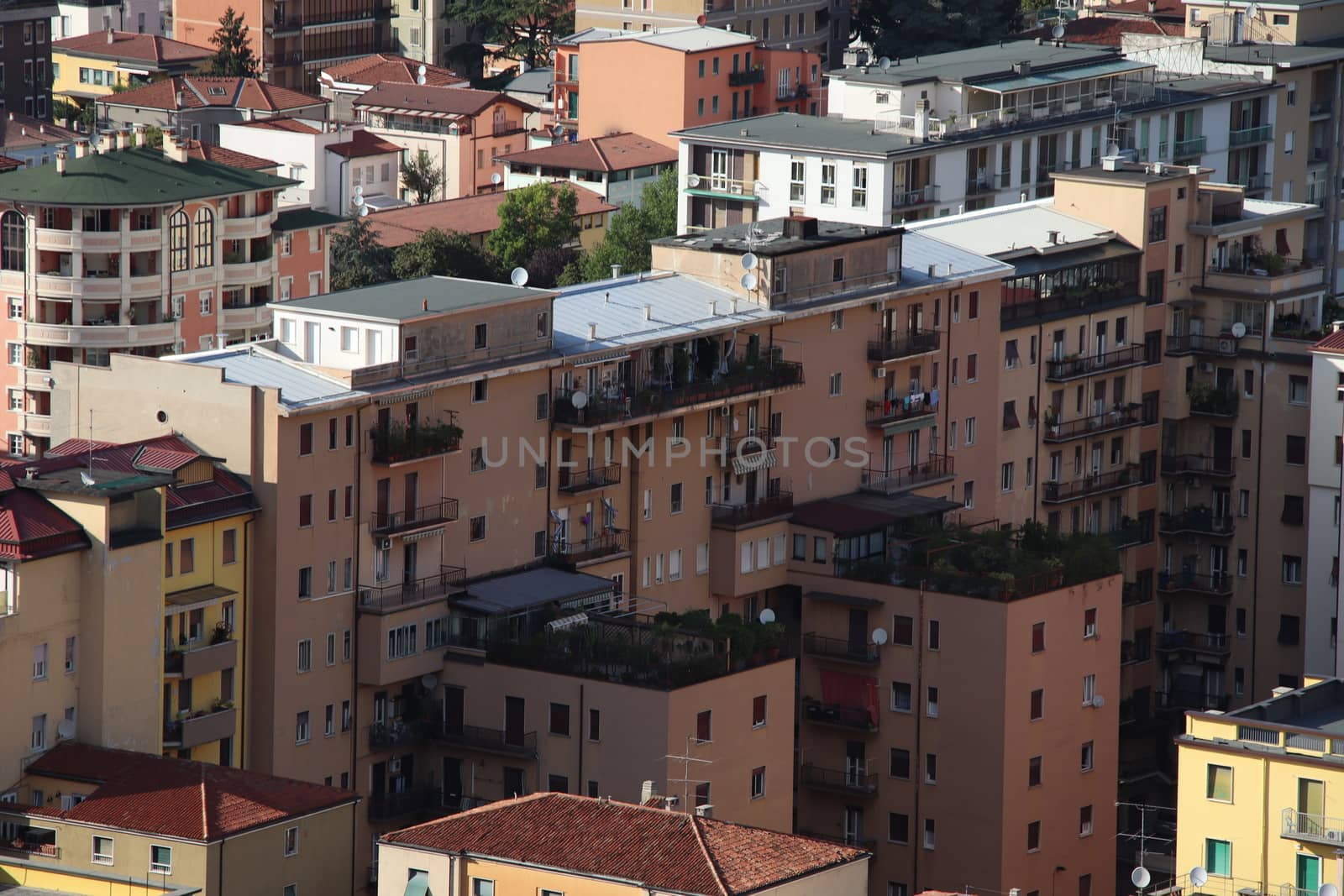 Aerial panoramic view of old historical city centre of Brescia in Italy