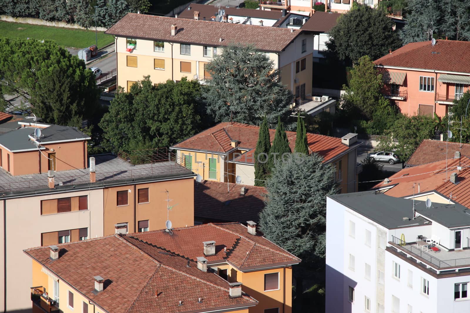 Aerial panoramic view of old historical city centre of Brescia in Italy