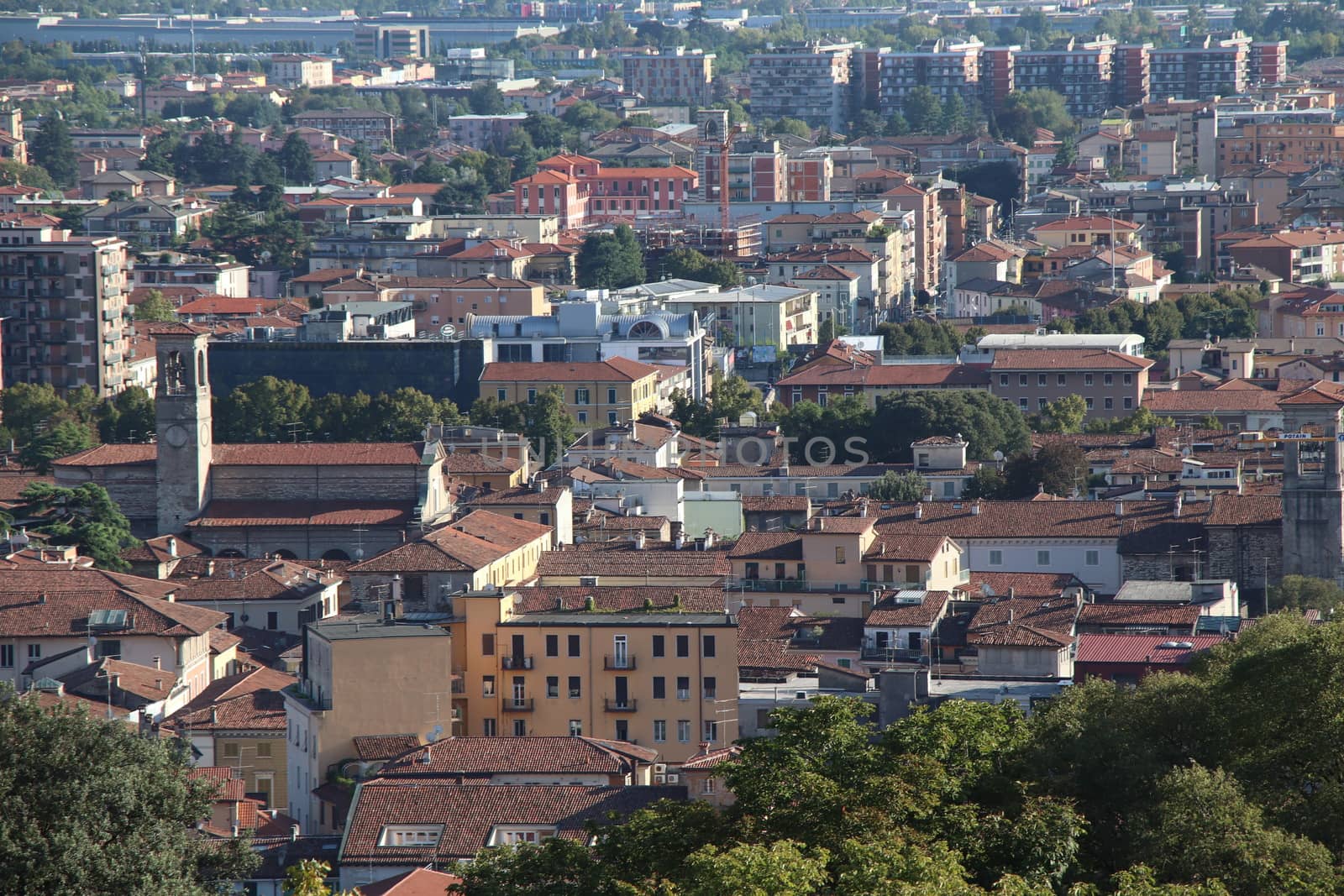 Aerial panoramic view of old historical city centre of Brescia in Italy