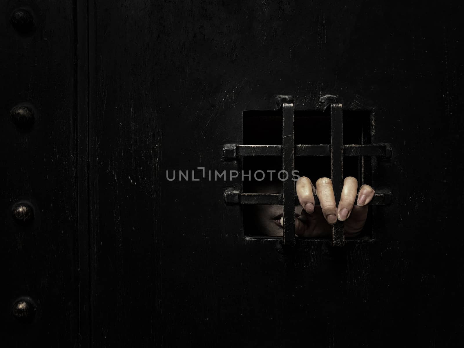 Horror woman locked in dark cage hand holding cage scary scene h by Surasak