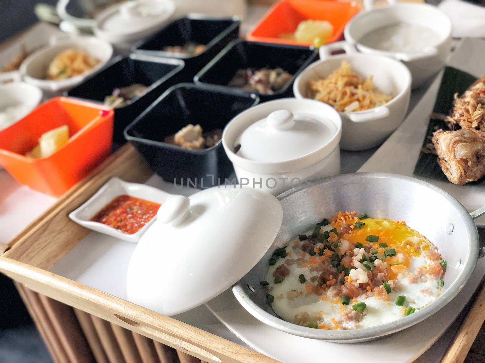 Thai style food, Indochina pan-fried egg with pork and toppings  by Surasak