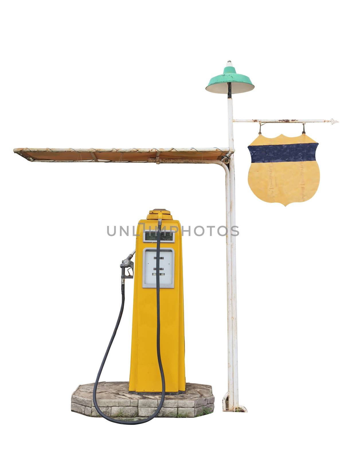 Vintage Yellow Classic Gas Station on White Background by Surasak