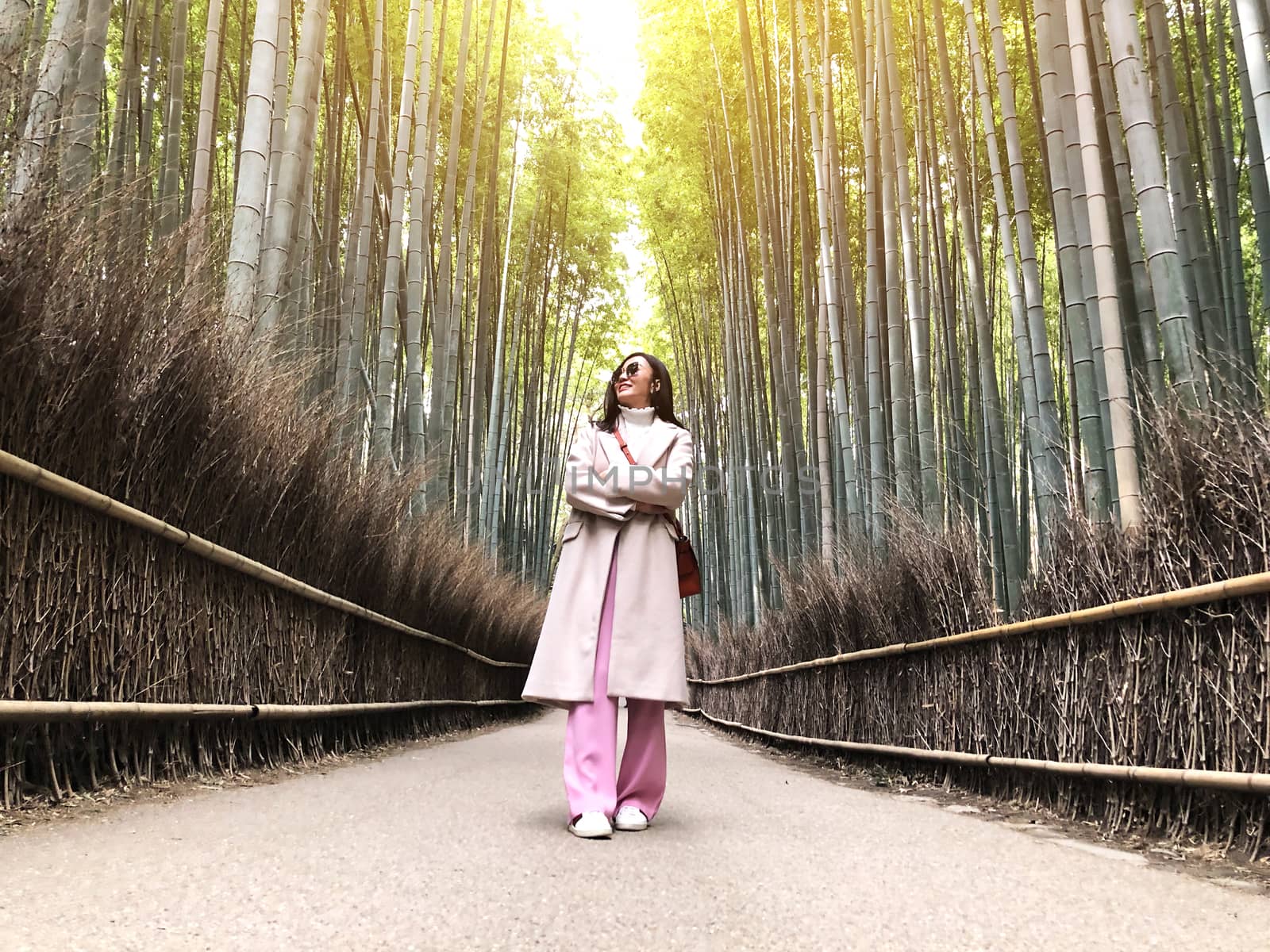  Asian woman traveling at Bamboo Forest in Kyoto, Japan.  by Surasak