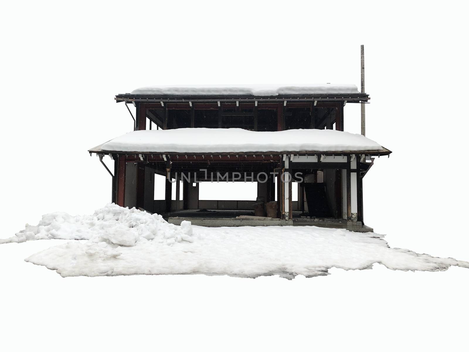 Front view of garage cover with snow in winter on white backgrou by Surasak