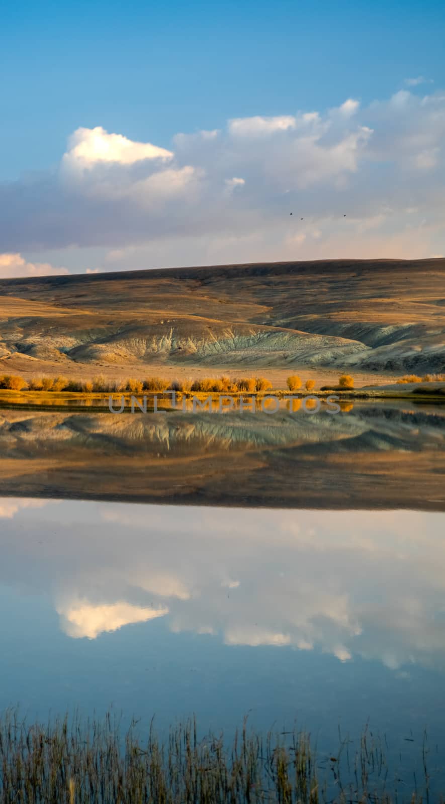 Lake in the Altai Mountains. Panorama of the Altai landscape in the mountains. The time of year is autumn.