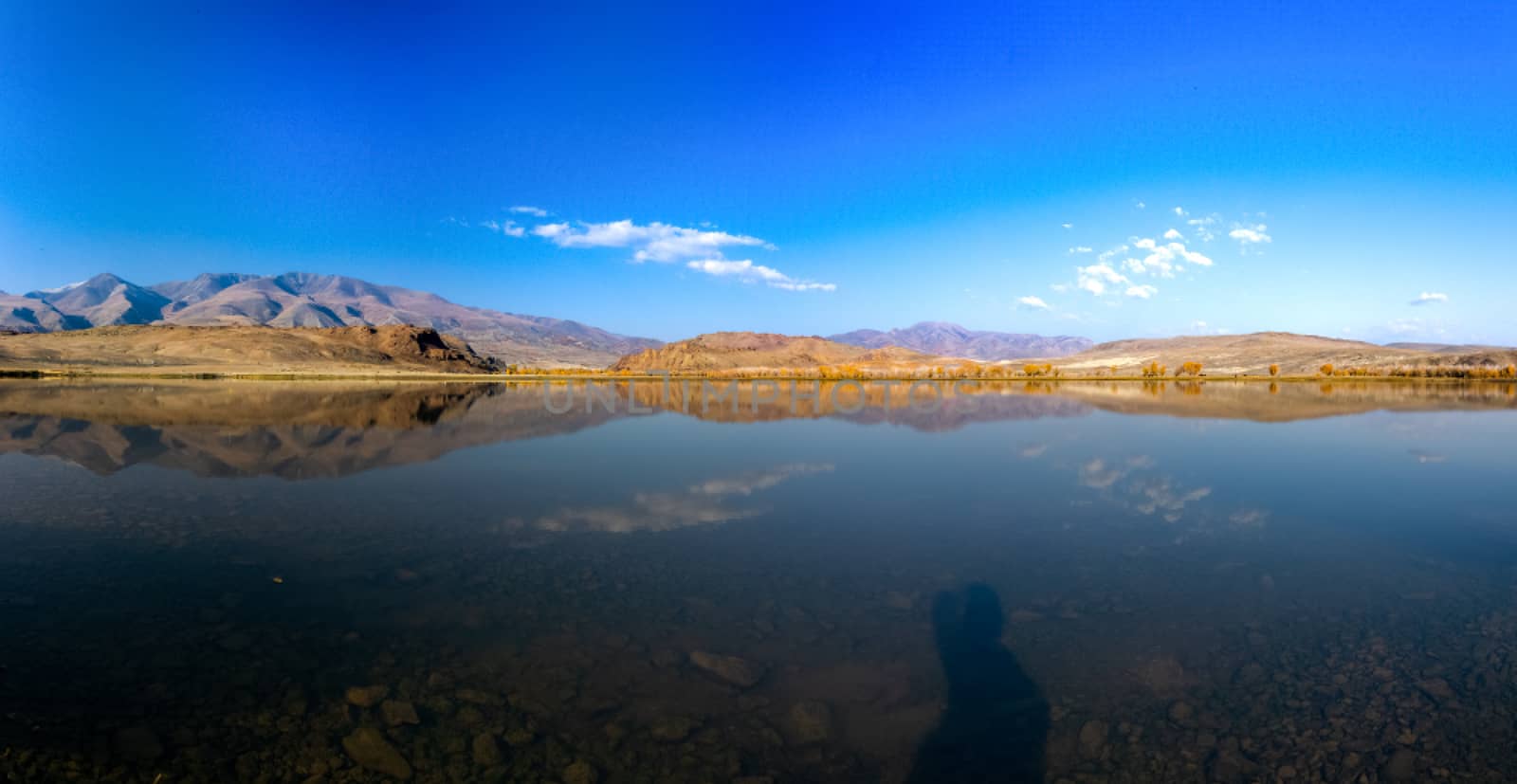 Lake in the Altai Mountains. Panorama of the Altai landscape in the mountains. The time of year is autumn.