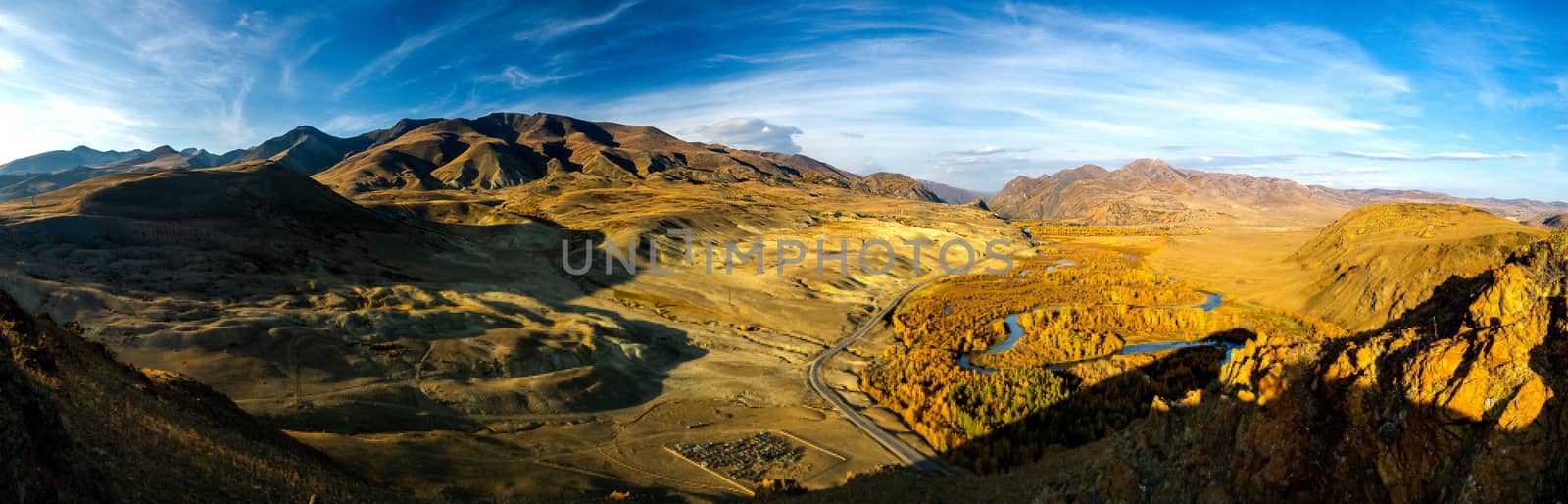 Mountains and hills altai in autumn, panoramic photo. by DePo