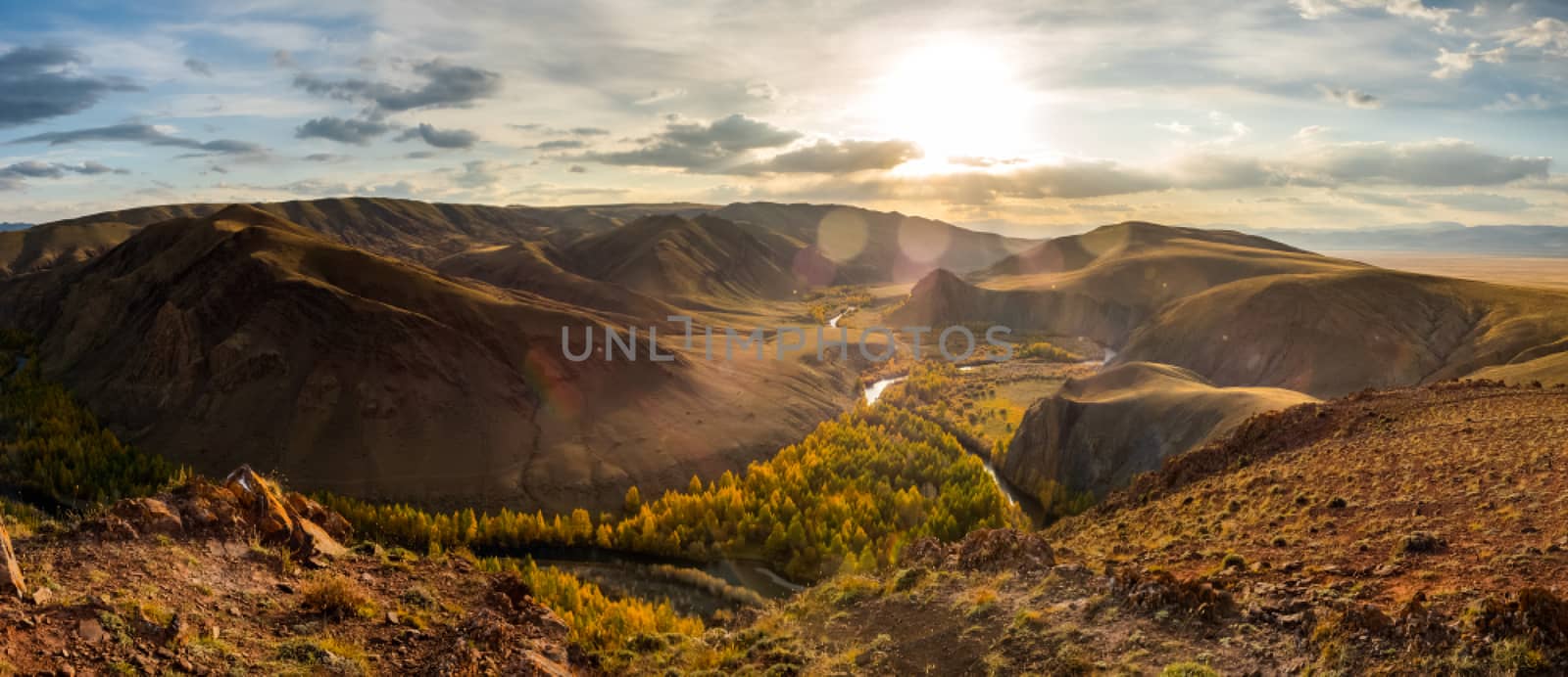 Mountains and hills altai in autumn, panoramic photo. by DePo