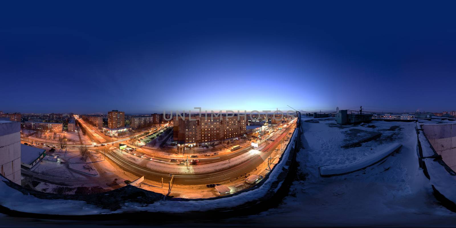 TULA, RUSSIA - FEBRUARY 08, 2012: Night city winter roof spherical panorama in equirectangular projection. by z1b