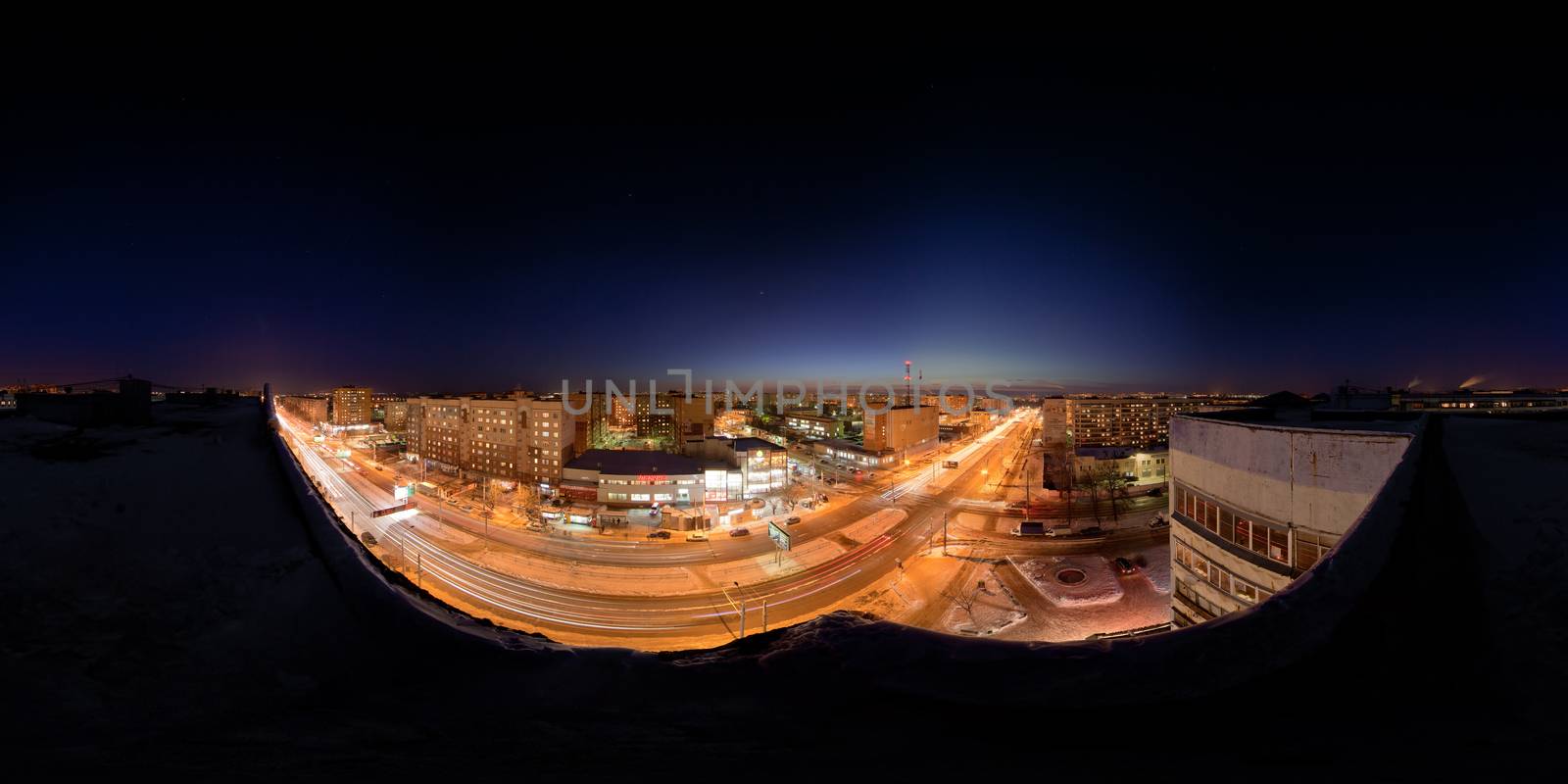 TULA, RUSSIA - FEBRUARY 08, 2012: Night city winter roof spherical panorama in equirectangular projection. by z1b