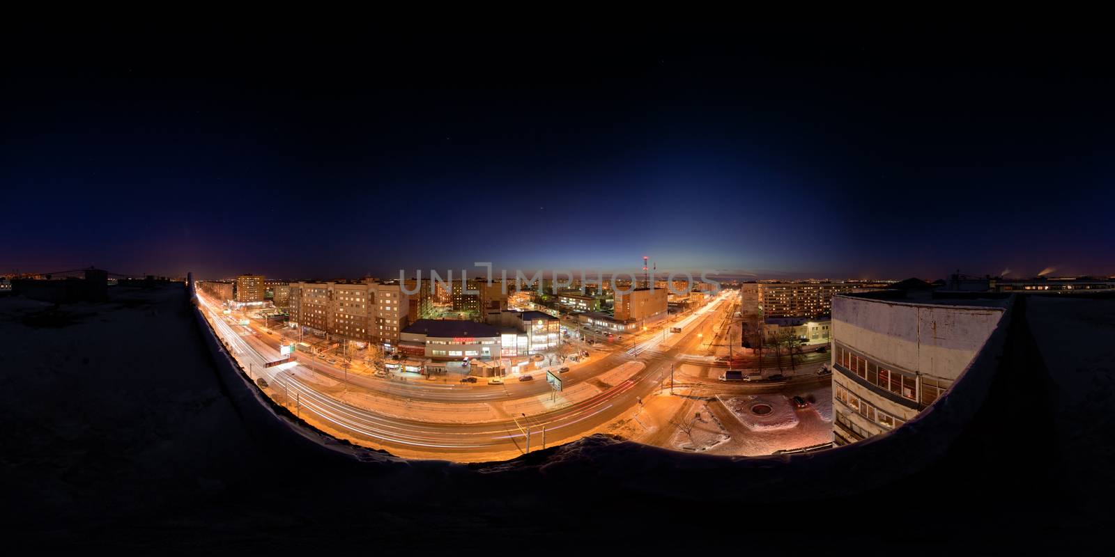 TULA, RUSSIA - FEBRUARY 08, 2012: Night city winter roof full spherical panorama in equirectangular projection 360 by 180 degrees